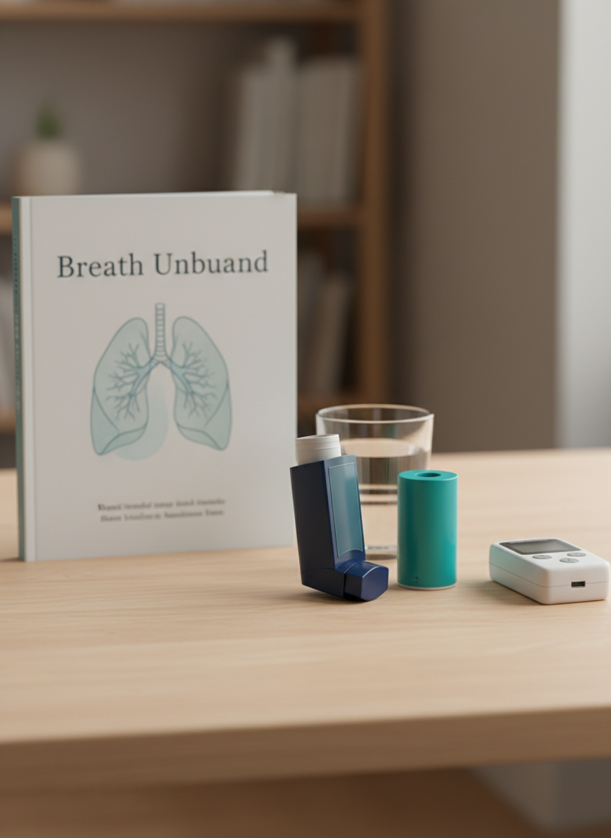 A neatly arranged asthma management station on a light maple desk, featuring a navy-blue spacer inhaler, a teal rescue inhaler, and a spiral-bound “Breath Unbound” guidebook with a soft matte cover and subtle abstract lung illustration. A glass of water and a small, modern digital peak flow meter rest nearby. Soft, diffused daylight filters in from an unseen window, creating gentle reflections on the plastic surfaces and a calm, professional atmosphere. Photographic realism, shot at eye level with a shallow depth of field, keeps the focus sharply on the devices and book while the background fades into a soft, neutral blur, suggesting a supportive, organized space for asthma care.